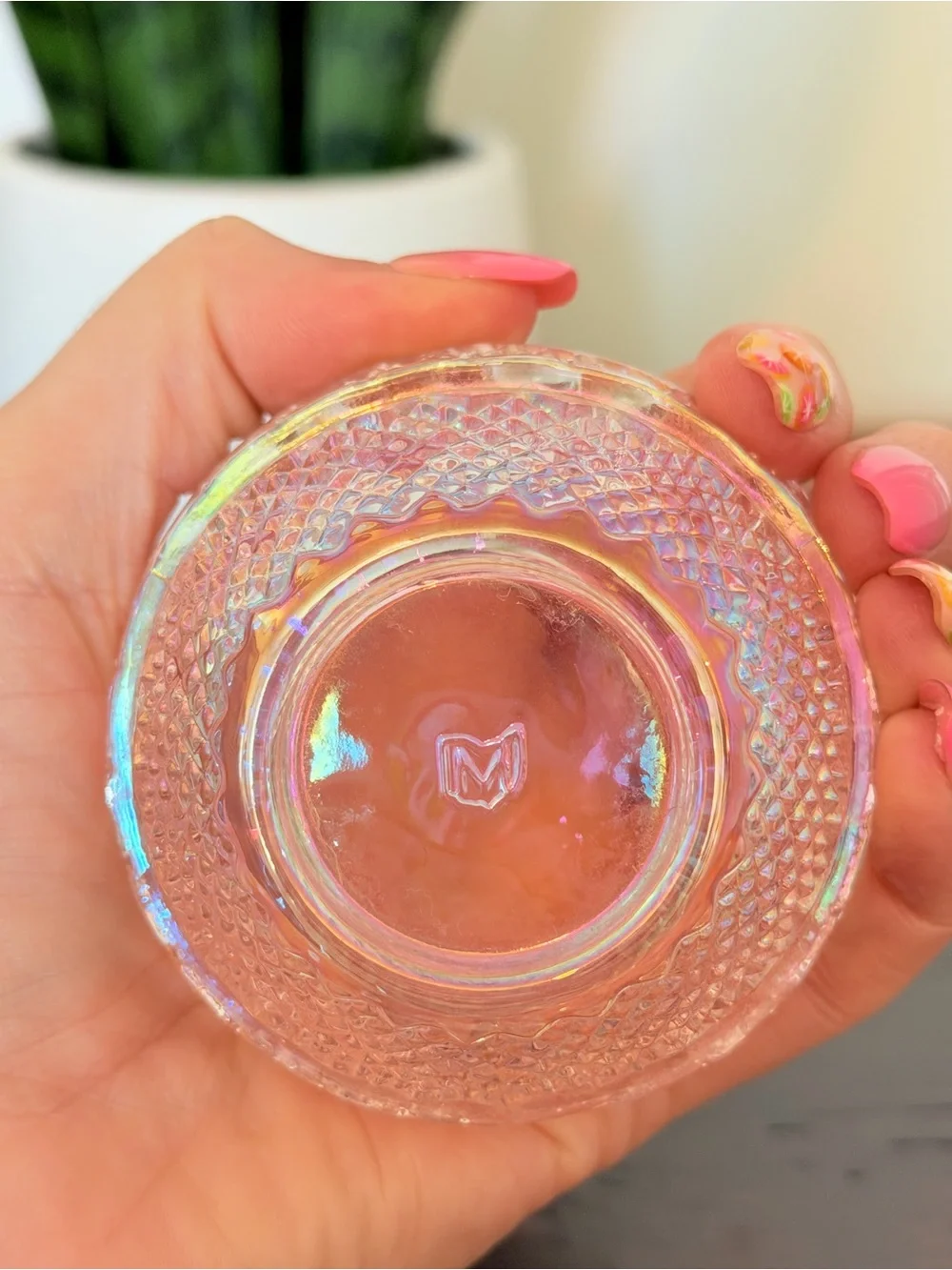 Vintage Salt Dip Pink Iridescent Glass by Mosser